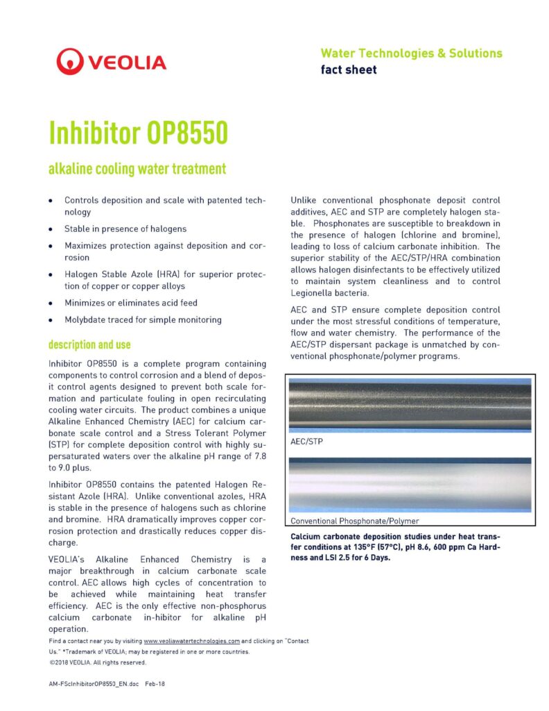 Inhibitor OP8550 alkaline cooling water treatment