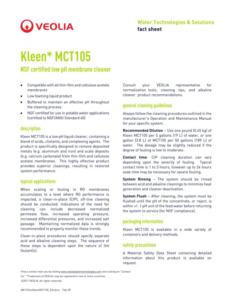 Kleen* MCT105 NSF certified low pH membrane cleaner