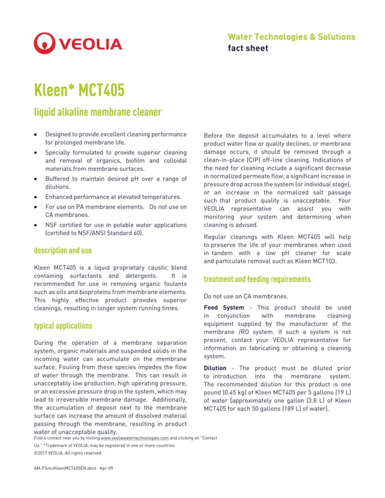 Kleen* MCT405 liquid alkaline membrane cleaner