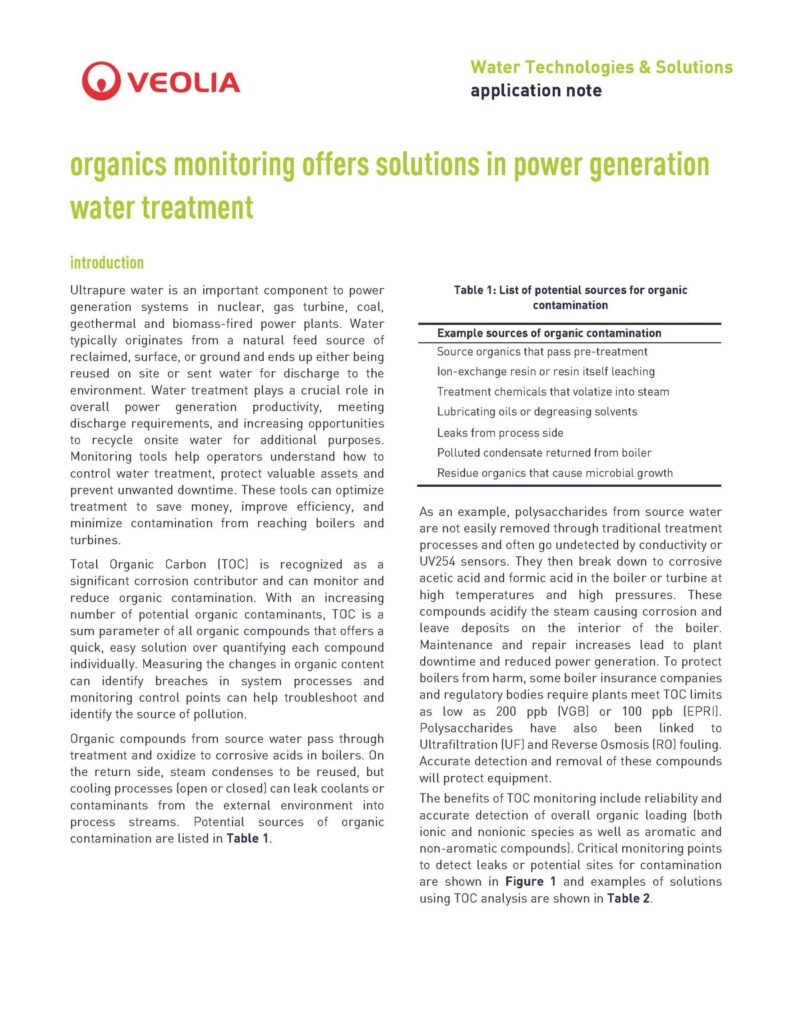 Veolia organics monitoring offers solutions in power generation water treatment
