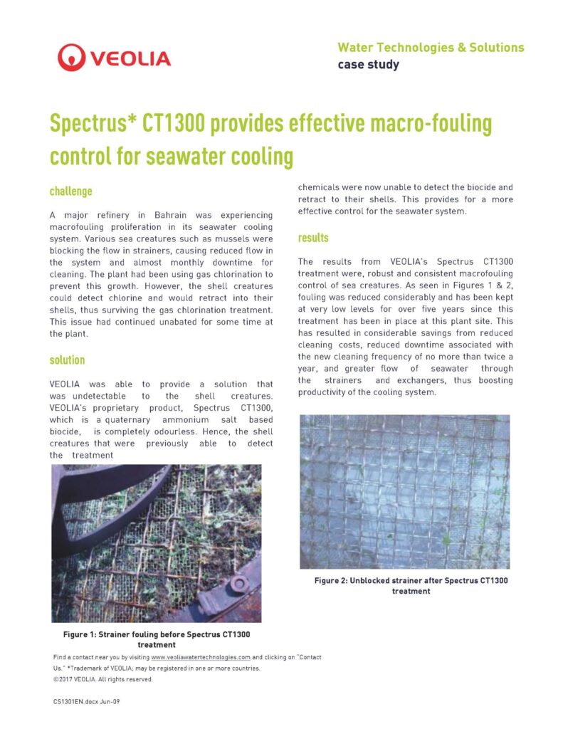 Spectrus* CT1300 provides effective macro-fouling control for seawater cooling