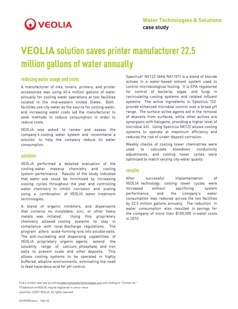 CS1390EN – VEOLIA solution saves printer manufacturer 22.5 million gallons of water annually