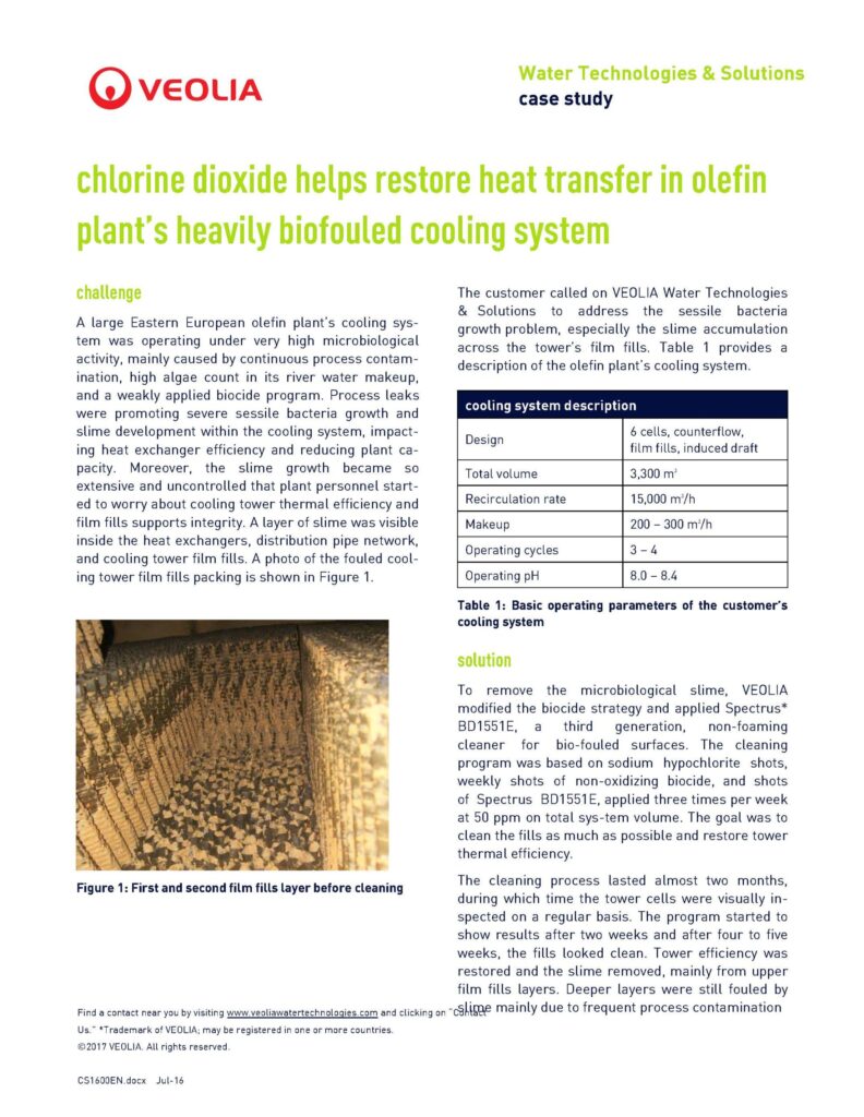 CS1600EN COLL – chlorine dioxide helps restore heat transfer in olefin plant’s heavily biofouled cooling system