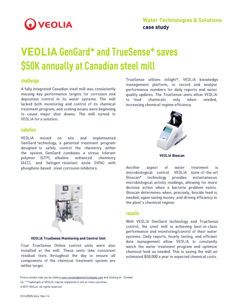 CS1625EN GENGARD – VEOLIA GenGard* and TrueSense* saves $50K annually at Canadian steel mill