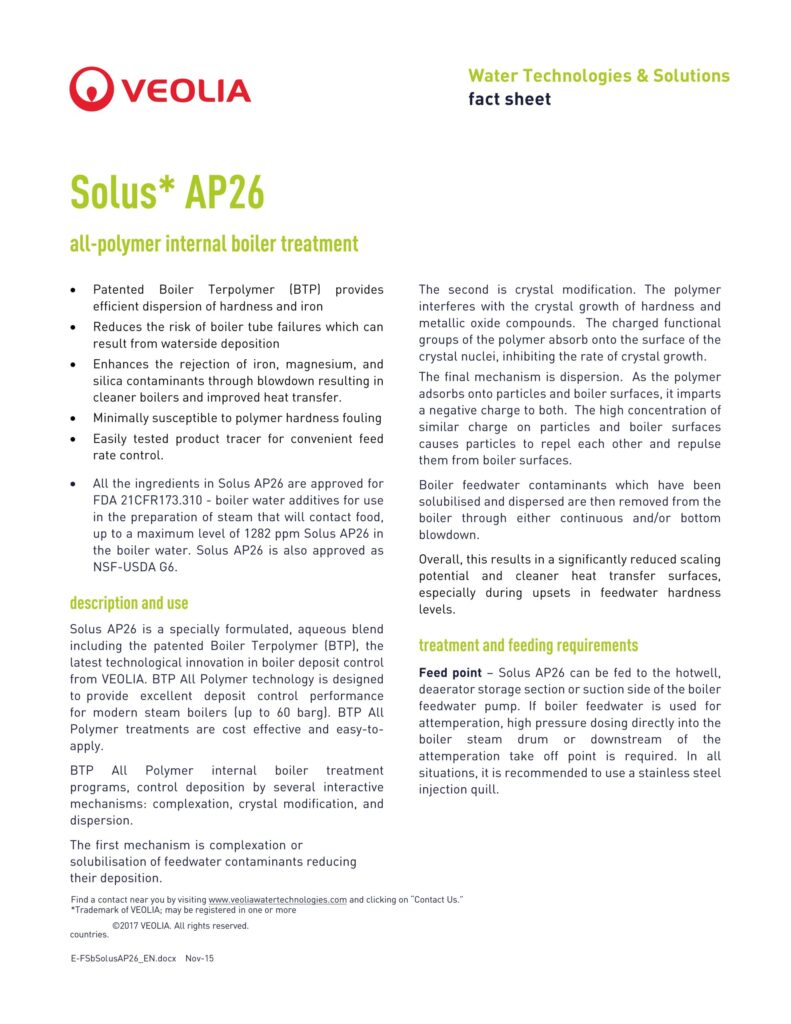 Solus* AP26 all-polymer internal boiler treatment