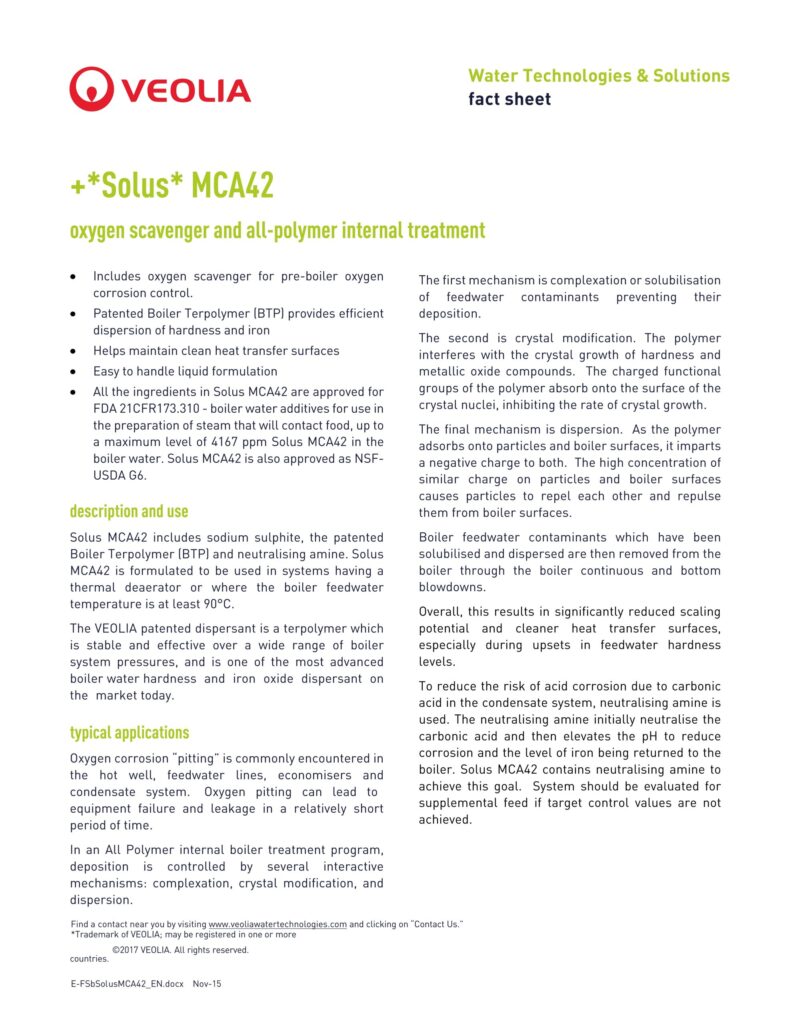 +*Solus* MCA42 oxygen scavenger and all-polymer internal treatment
