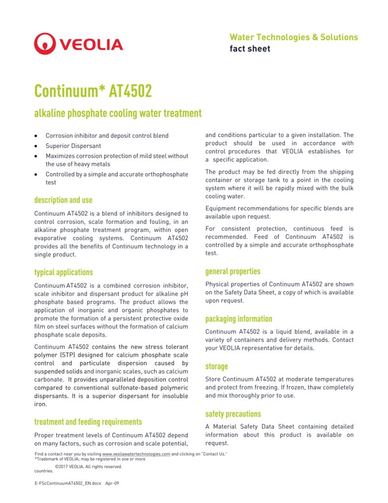 Continuum* AT4502 alkaline phosphate cooling water treatment