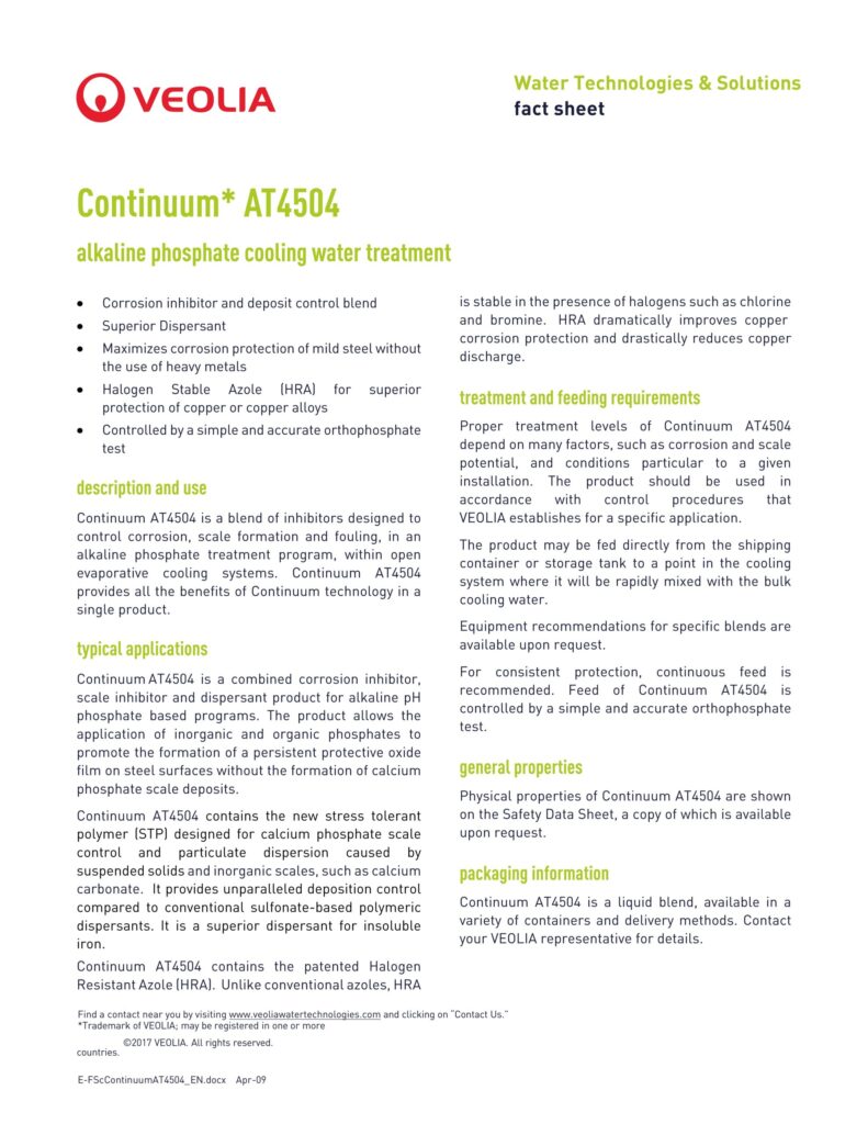 Continuum* AT4504 alkaline phosphate cooling water treatment