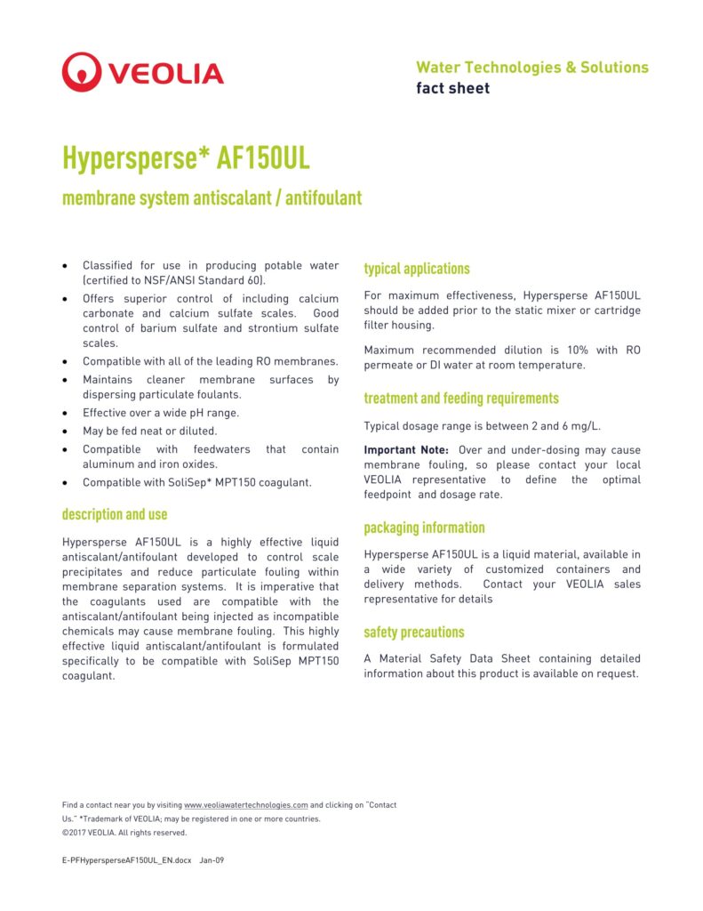 Hypersperse* AF150UL membrane system antiscalant / antifoulant