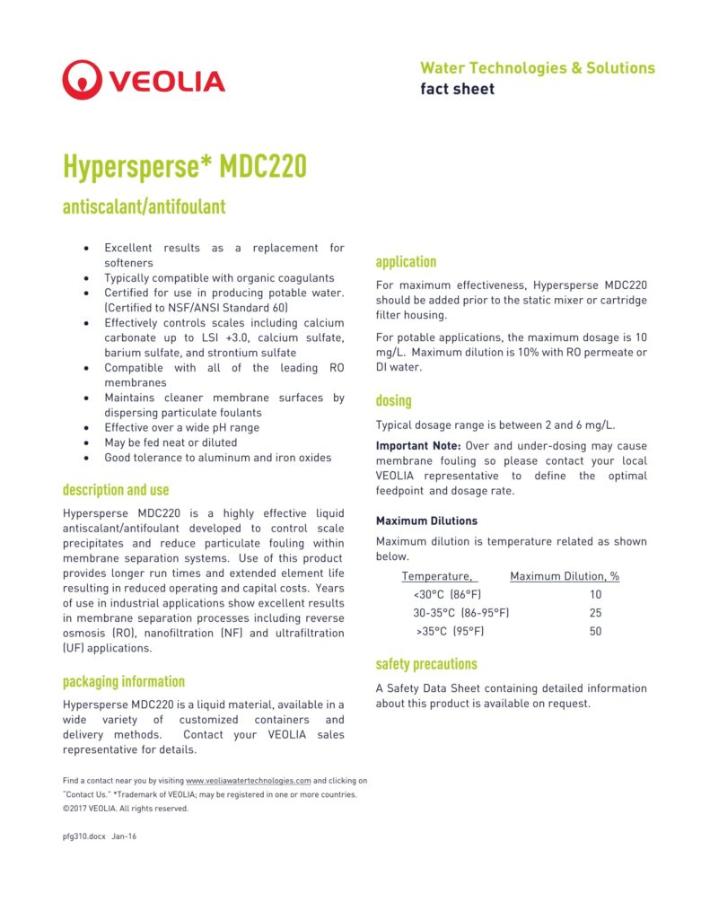 Hypersperse* MDC220 antiscalant/antifoulant