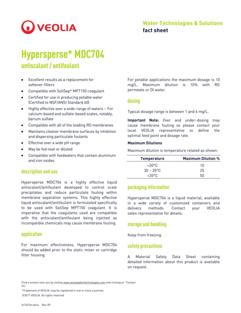 Hypersperse* MDC704 antiscalant / antifoulant