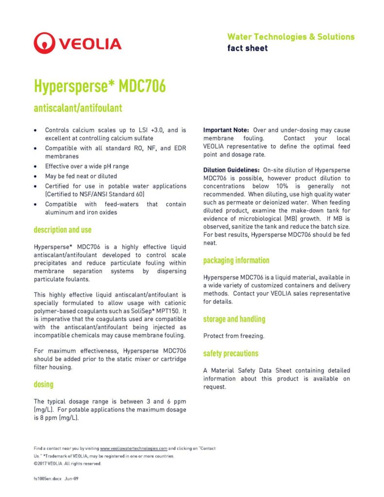 Hypersperse* MDC706 antiscalant/antifoulant