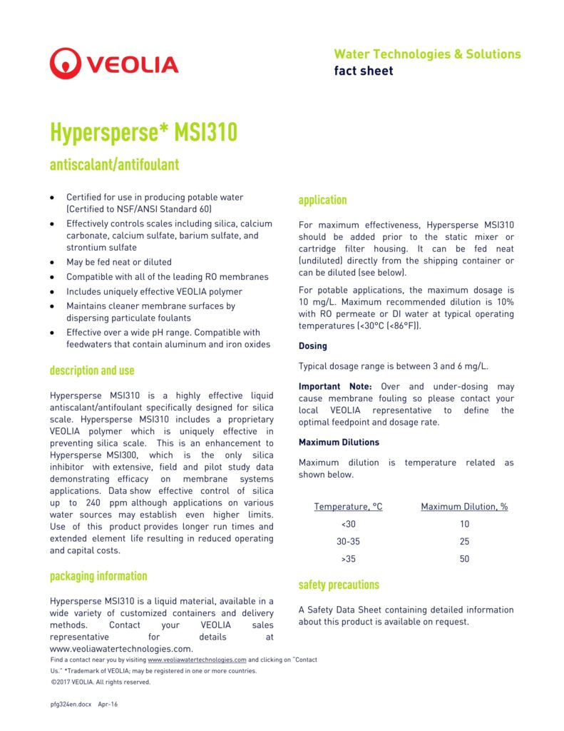 Hypersperse* MSI310 antiscalant/antifoulant