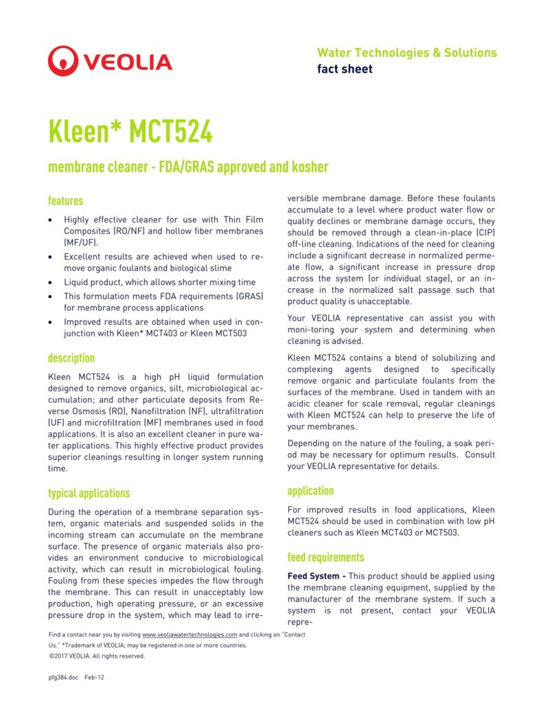 Kleen* MCT524 membrane cleaner -FDA/GRAS approved and kosher