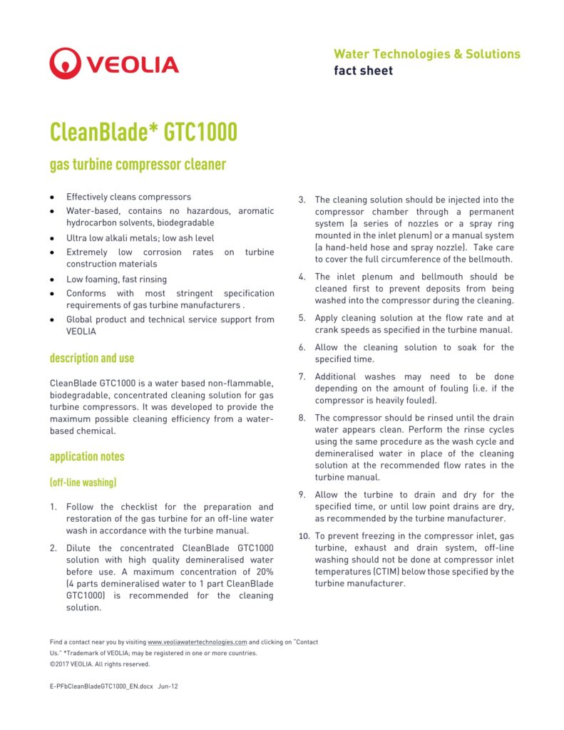 CleanBlade* GTC1000 gas turbine compressor cleaner