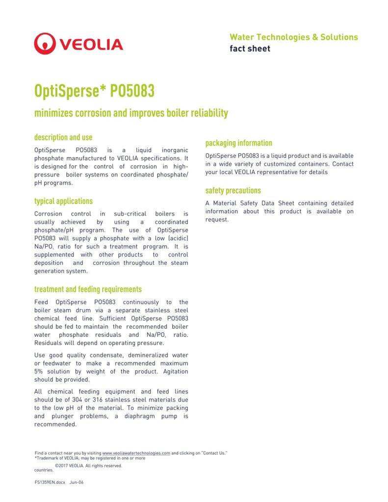 OptiSperse* PO5083 minimizes corrosion and improves boiler reliability