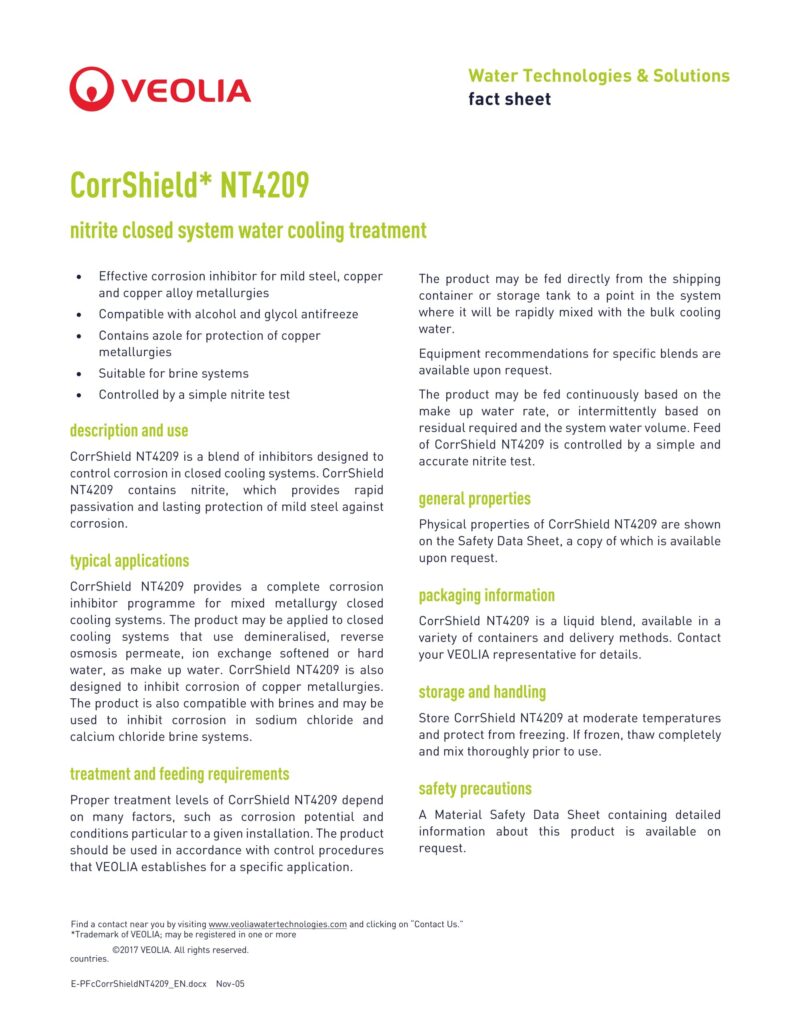 CorrShield* NT4209 nitrite closed system water cooling treatment