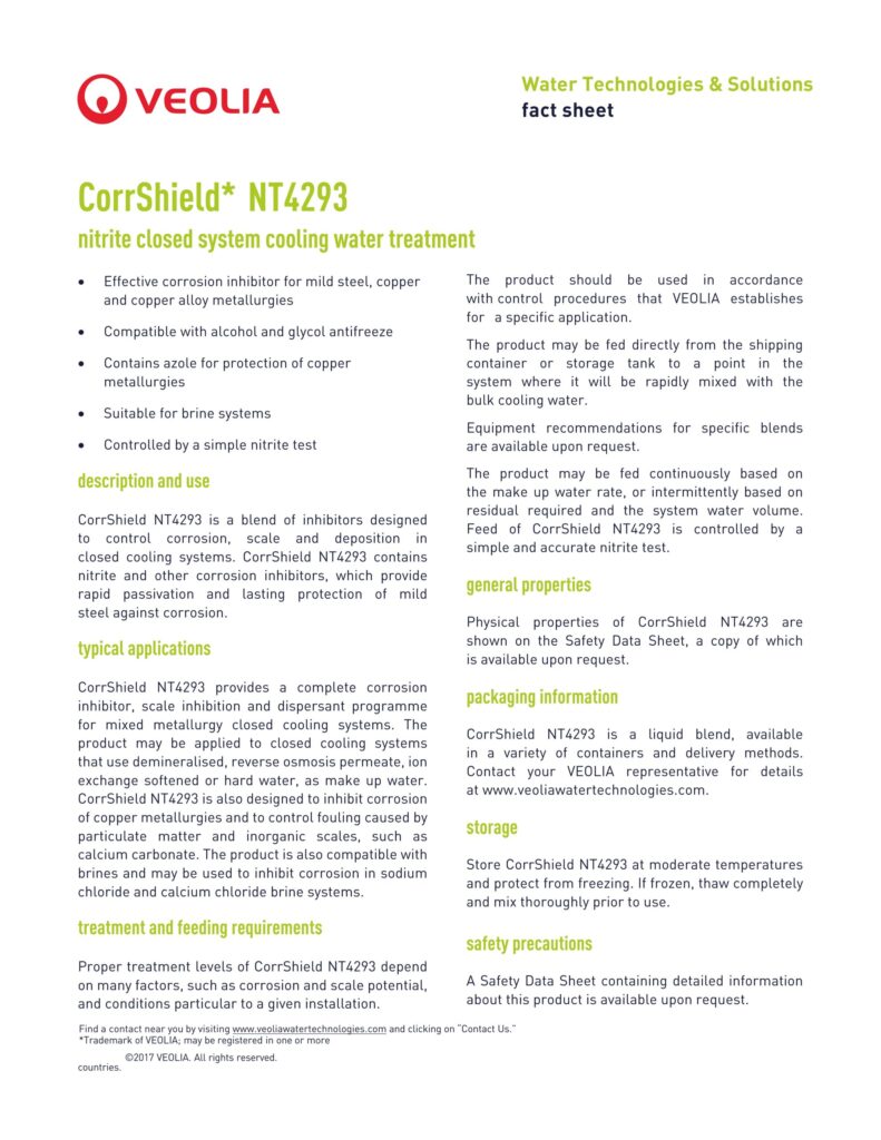 CorrShield* NT4293 nitrite closed system cooling water treatment