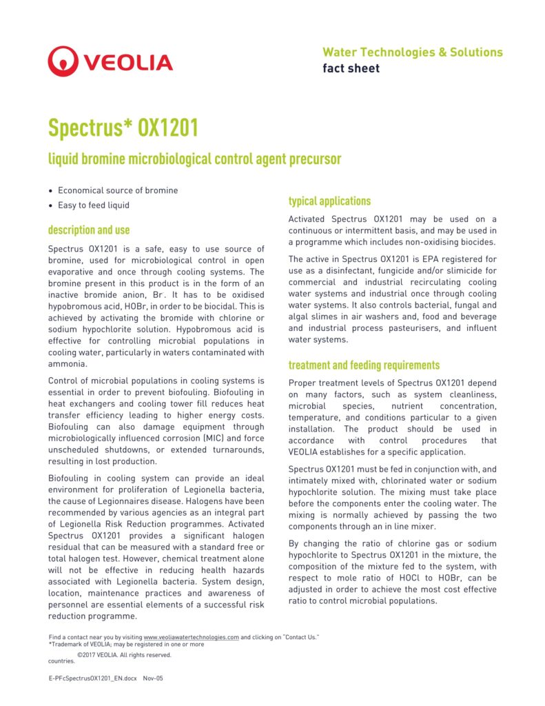 Spectrus* OX1201 liquid bromine microbiological control agent precursor