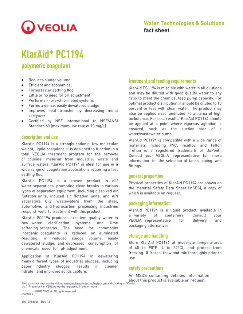 KlarAid* PC1194 polymeric coagulant