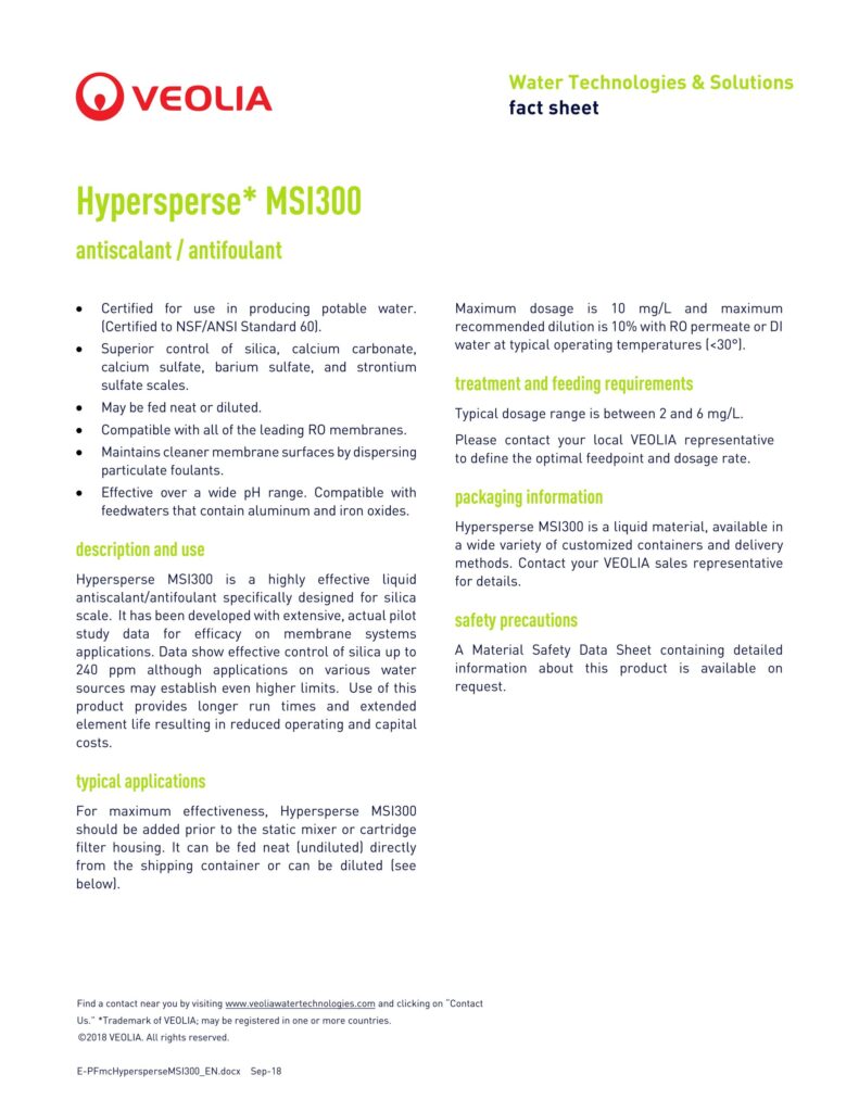 Hypersperse* MSI300 antiscalant / antifoulant
