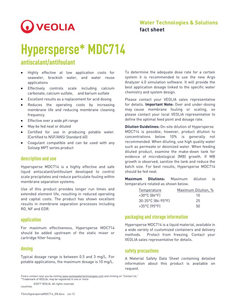 Hypersperse* MDC714 antiscalant/antifoulant