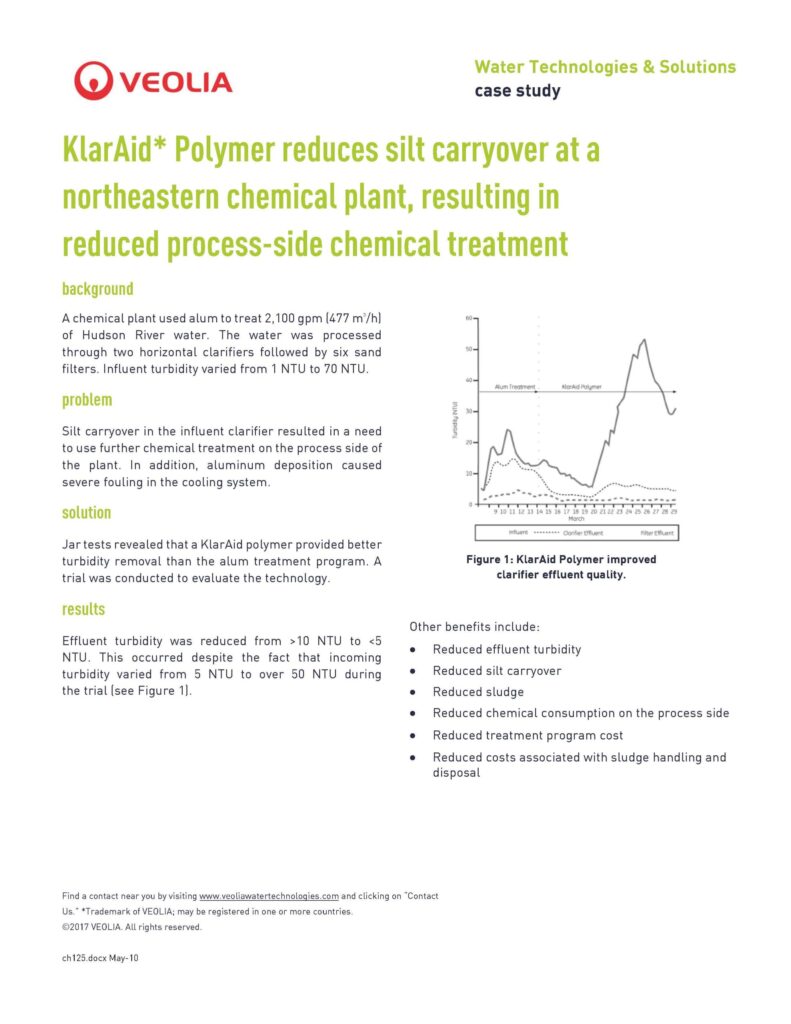 KlarAid* Polymer reduces silt carryover at a northeastern chemical plant, resulting in reduced process-side chemical treatment