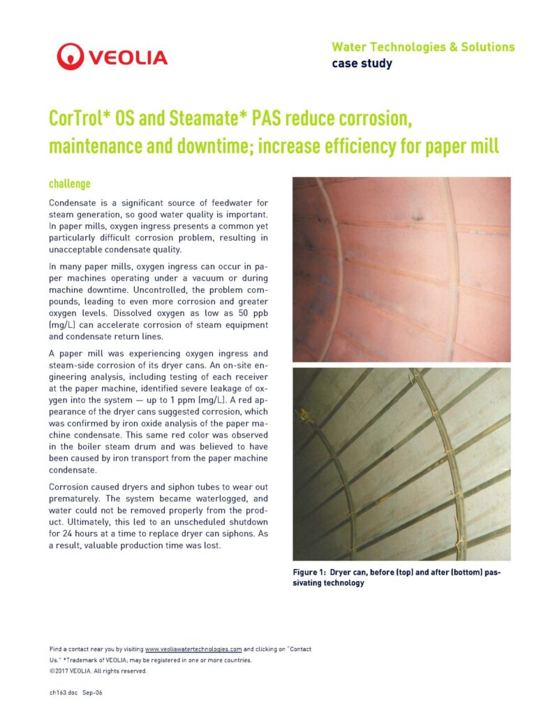 CorTrol* OS and Steamate* PAS reduce corrosion, maintenance and downtime; increase efficiency for paper mill
