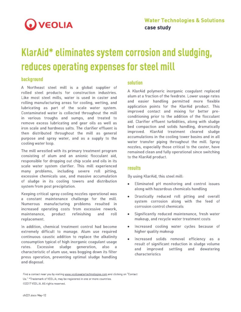 KlarAid* eliminates system corrosion and sludging, reduces operating expenses for steel mill