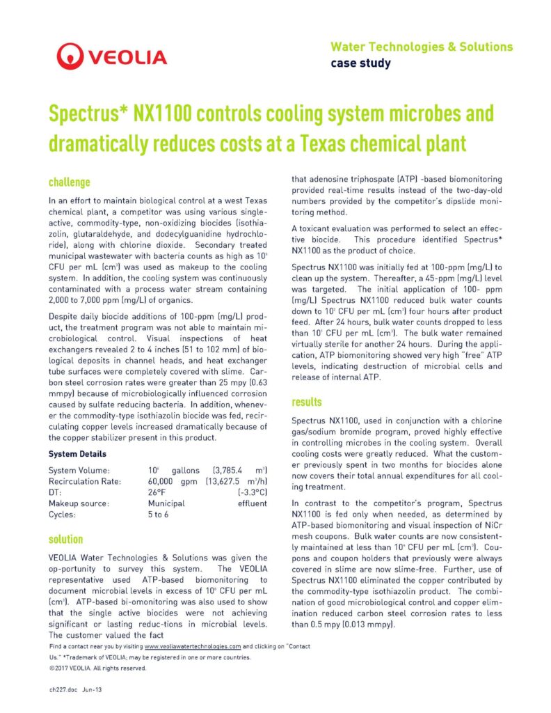 Spectrus* NX1100 controls cooling system microbes and dramatically reduces costs at a Texas chemical plant