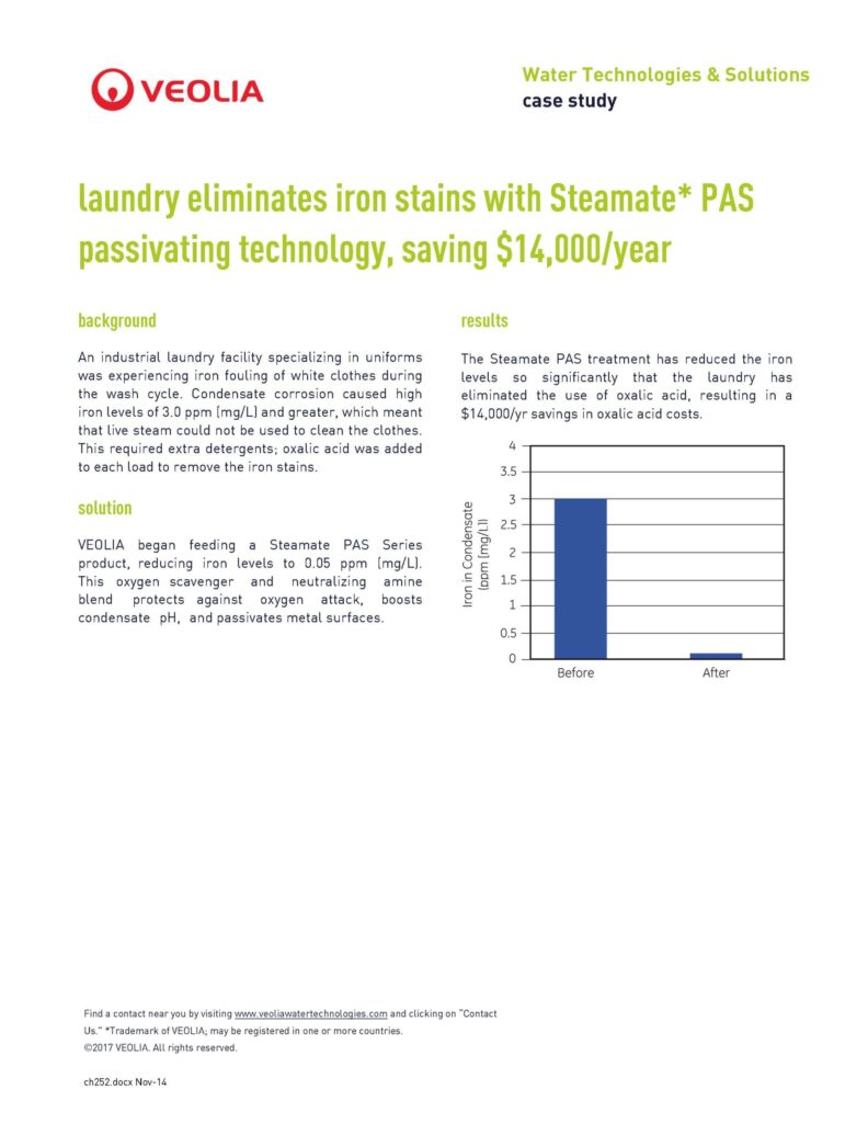 laundry eliminates iron stains with Steamate* PAS passivating technology, saving $14,000/year
