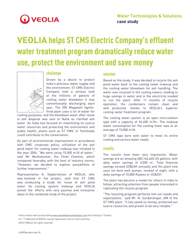cs1095en – VEOLIA helps ST CMS Electric Company’s effluent water treatment program dramatically reduce water use, protect the environmentand save money
