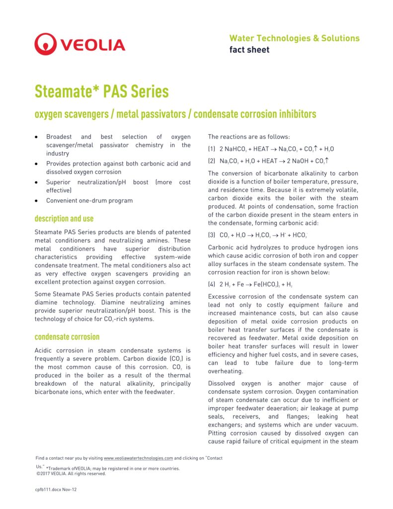 Steamate* PAS Series oxygen scavengers / metal passivators/ condensate corrosion inhibitors